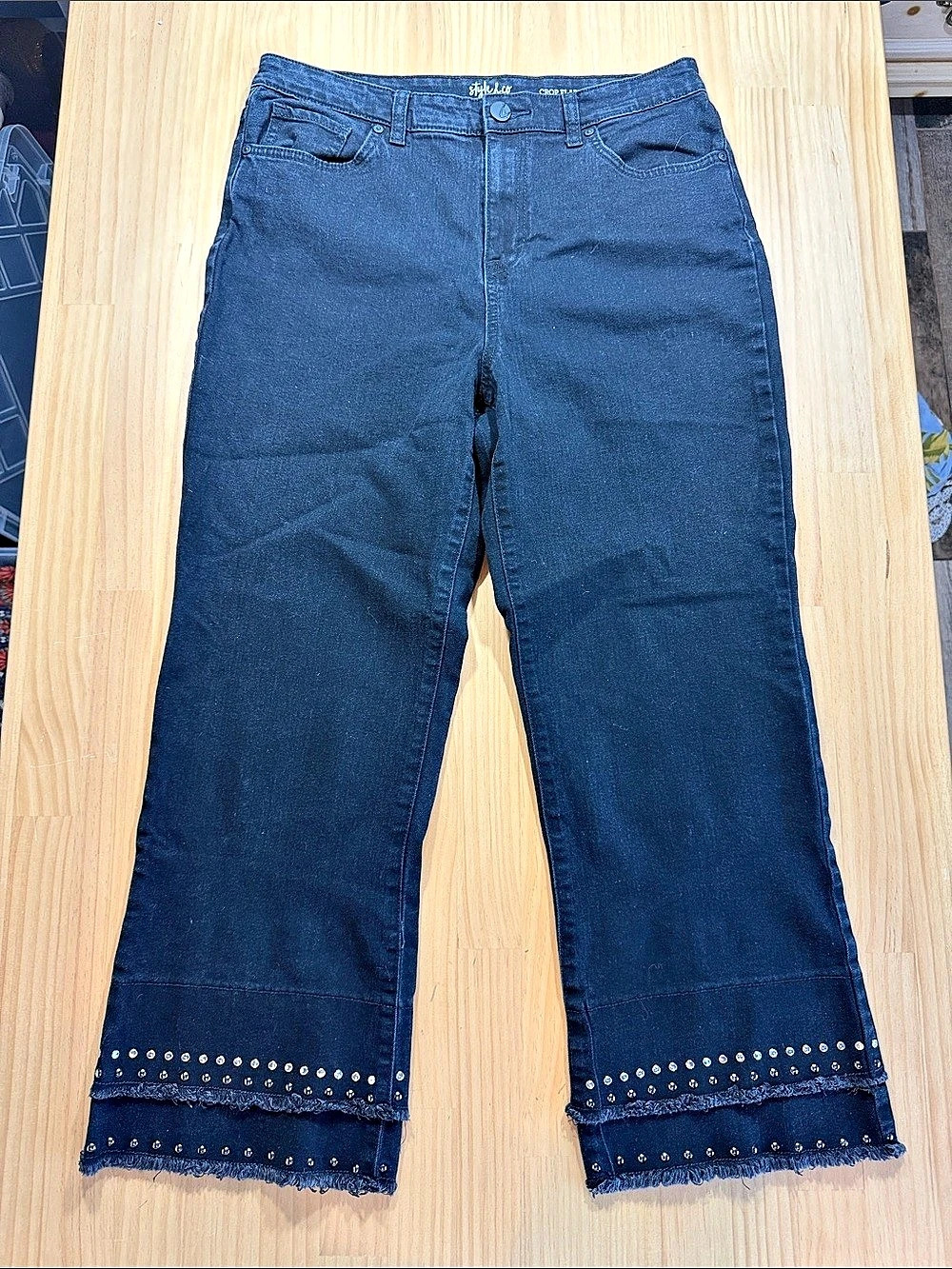 Style & Co Crop Flare Embellished Jeans Black Waist 14 B17